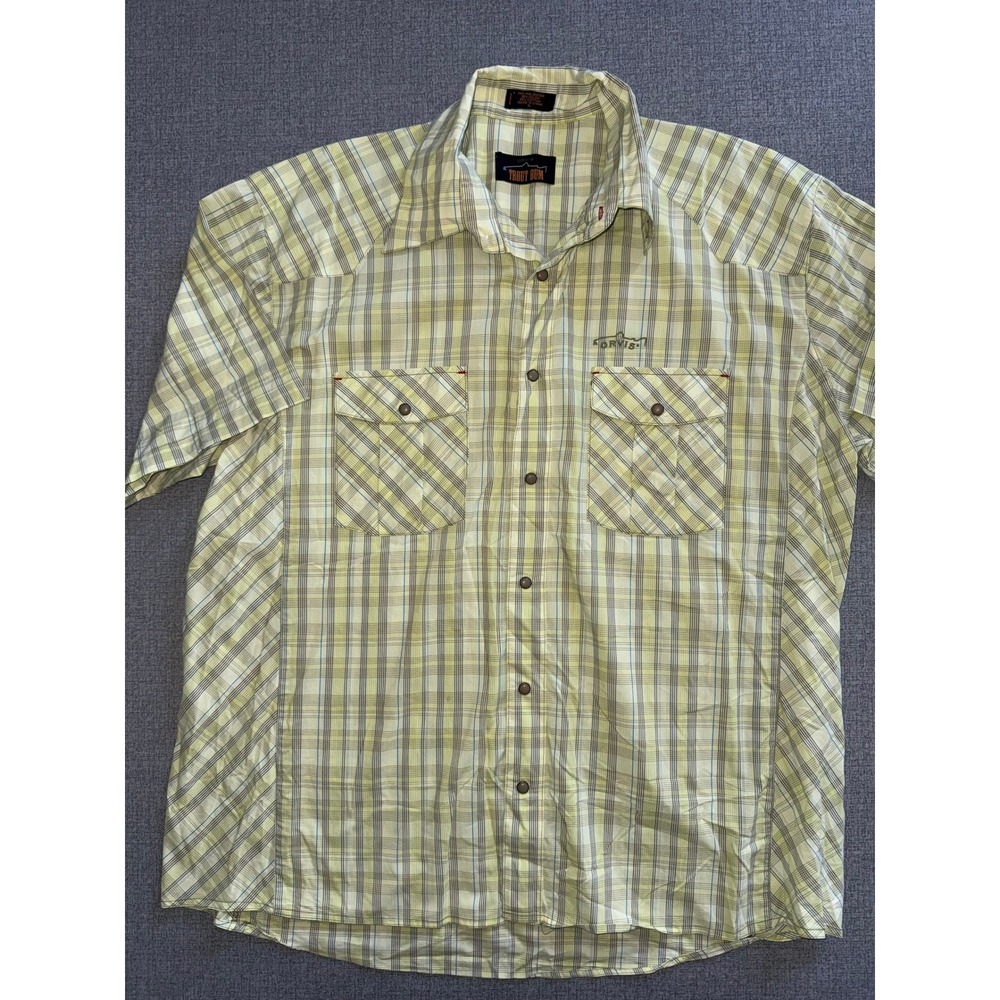 Orvis Trout Bum Mens XL Western Snap Shirt Plaid Short Sleeve Yellow Fishing